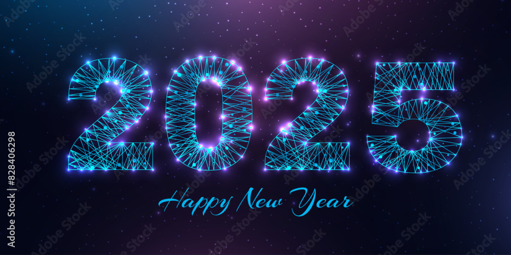 Poster happy new year 2025 greeting card. low poly style design. numbers from a polygonal wireframe mesh. a