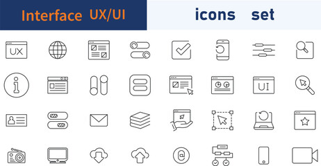 Set of 32 interface web icons in line style. Interface, icon, web design, work tool. Vector illustration.