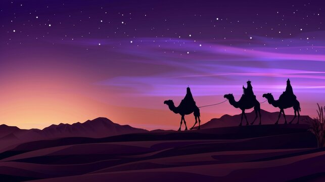 Silhouette of three wise men on camels in the desert with a starry glowing sky past sunset.