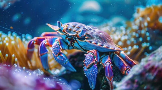 Close-up of a large colorful crab all alone swimming under the sea.