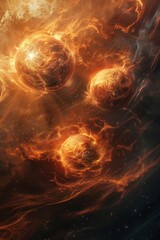  Three fiery orbs in space radiate heat and energy.