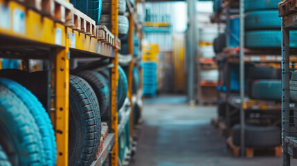 Tire warehouse storage, rows of tires in stock. Rows of new and used tires, organized and stacked on shelves in a warehouse or tire shop, ready for distribution and sale.
