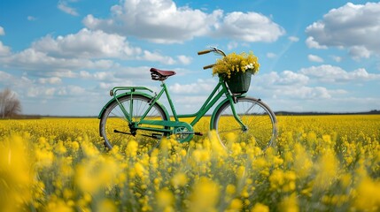 Green vintage bike stands in yellow flower field. Nature and beauty captured. A serene and calm atmosphere. Ideal for nature lovers and eco-friendly themes. AI