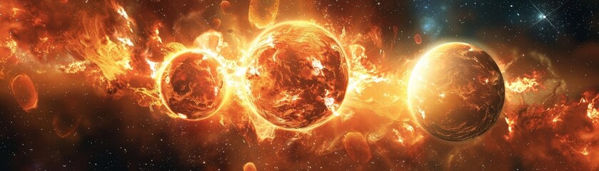  Three fiery orbs in space radiate heat and energy.