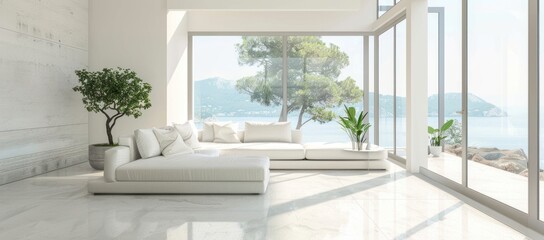 Minimalist living room in white color with a white sleeper sofa, floor-to-ceiling windows with a summer landscape, and uncluttered design