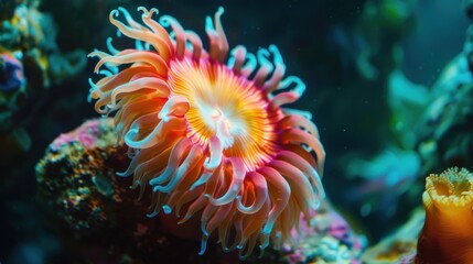 Close-up of a large colorful sea anemone swimming alone under the sea.