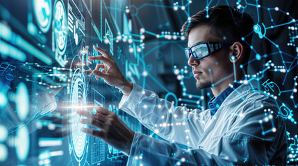 Scientist in lab coat and safety glasses interacting with virtual interface