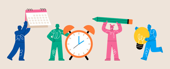 Man and woman carry big calendar,alarm clock,light bulb, pencil. Time management concept. Colorful vector illustration