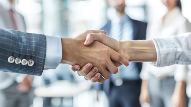 A professional handshake between two businesspeople in a meeting room, symbolizing agreement and partnership, with colleagues in the background