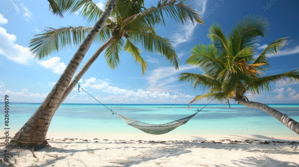 Poster a scenic view of a tropical island with a hammock strung between two palm trees, gently swaying in t