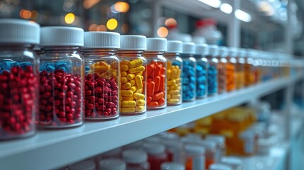 Assorted medication in transparent bottles on a pharmacy shelf, with vibrant colors indicating different types of drugs and vitamins.