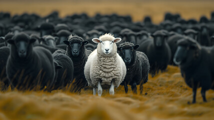 An outstanding white sheep among the black sheep. Standout uniqueness appeal and personality diversity concept. Be different with your own identity and beauty.