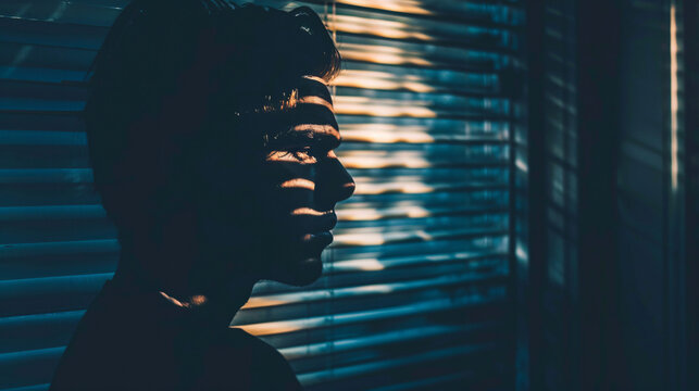 Man in shadow by window blinds. Moody image of a man silhouetted against window blinds, sunlight creating lines of light and shadow.