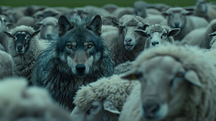 An outstanding black wolf among the white sheep. Standout uniqueness appeal and personality diversity concept. Predator among the prey, the hidden power in socialize.