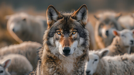 An outstanding black wolf among the white sheep. Standout uniqueness appeal and personality diversity concept. Predator among the prey, the hidden power in socialize.