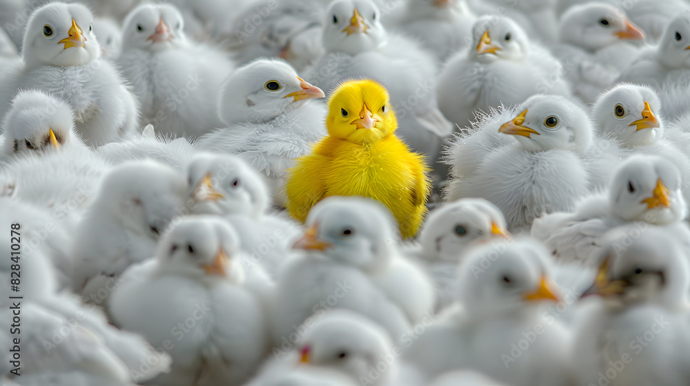 Wall mural An outstanding yellow chick among the young chicks on the farm. Standout uniqueness appeal and personality diversity concept. Be different with your own identity and beauty.