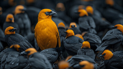 An outstanding yellow bird among the black birds. Standout uniqueness appeal and personality diversity concept. Be different with your own identity and beauty.