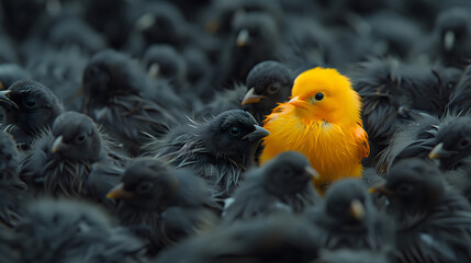 An outstanding yellow baby bird among the young black birds. Standout uniqueness appeal and personality diversity concept. Be different with your own identity and beauty.
