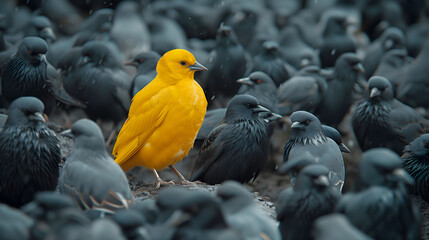 An outstanding yellow bird among the young black birds. Standout uniqueness appeal and personality diversity concept. Be different with your own identity and beauty.