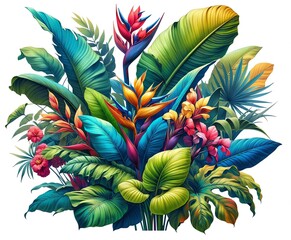 A vibrant and colorful illustration of Canna foliage with different types of tropical flowers