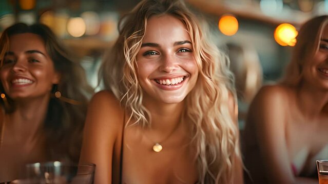 a group of smiling and laughing girls drinking cocktails and playing a boardgame in an industrial bar,generative ai