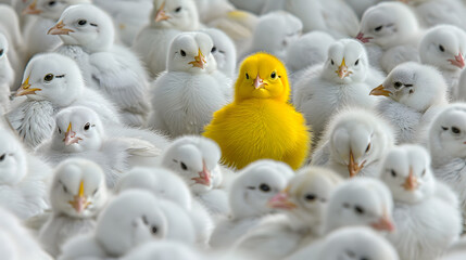 An outstanding yellow chick among the young chicks on the farm. Standout uniqueness appeal and personality diversity concept. Be different with your own identity and beauty.