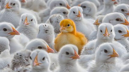 An outstanding yellow chick among the young chicks on the farm. Standout uniqueness appeal and personality diversity concept. Be different with your own identity and beauty.