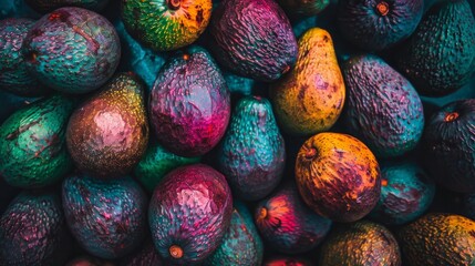 Vibrant painted avocados with artistic splashes of color