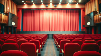 Fototapeta premium Empty theater seats with red curtain. Empty red velvet seats in a vintage theater, awaiting the start of a show.