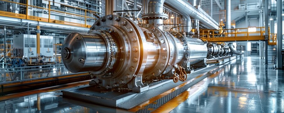 A large industrial pipe with a shiny silver surface. The pipe is surrounded by a yellow and orange area