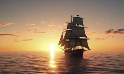 Fototapeta premium Sailing ship on a sea cruise. Sunset. Travel.