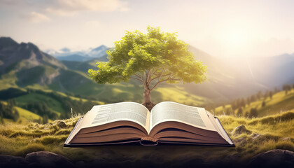 A book is open on a grassy field with flowers in the background