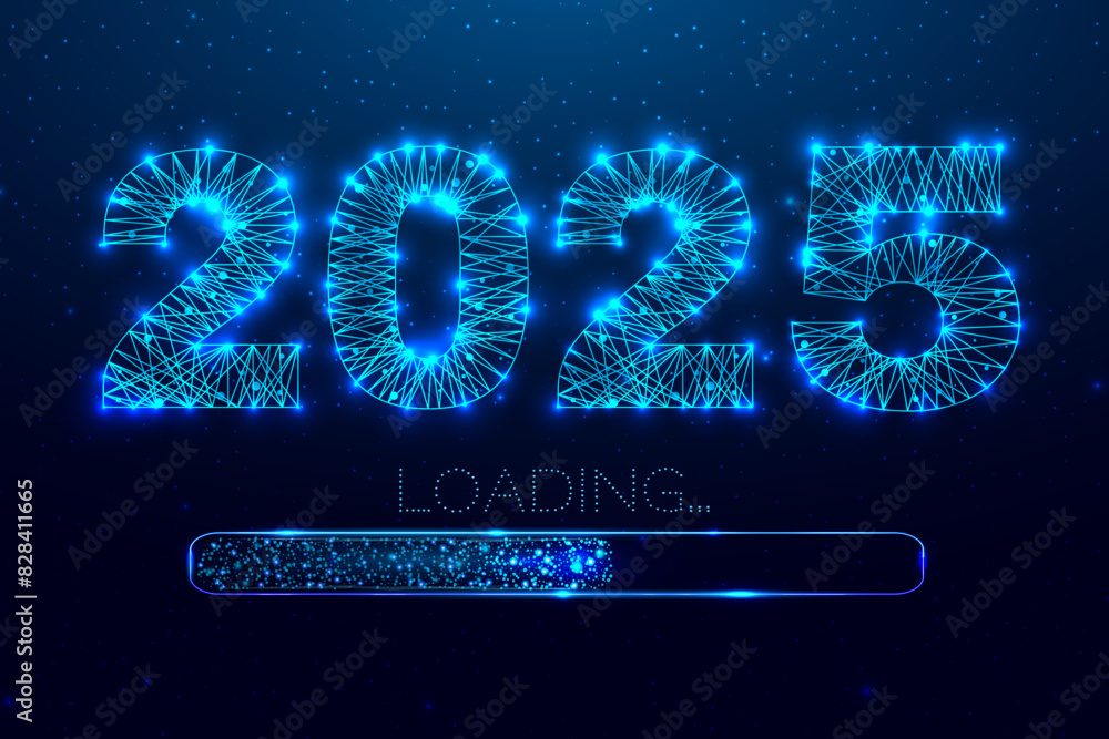 Aufkleber new year 2025 loading. loading bar. low poly style design. numbers from a polygonal wireframe mesh. 