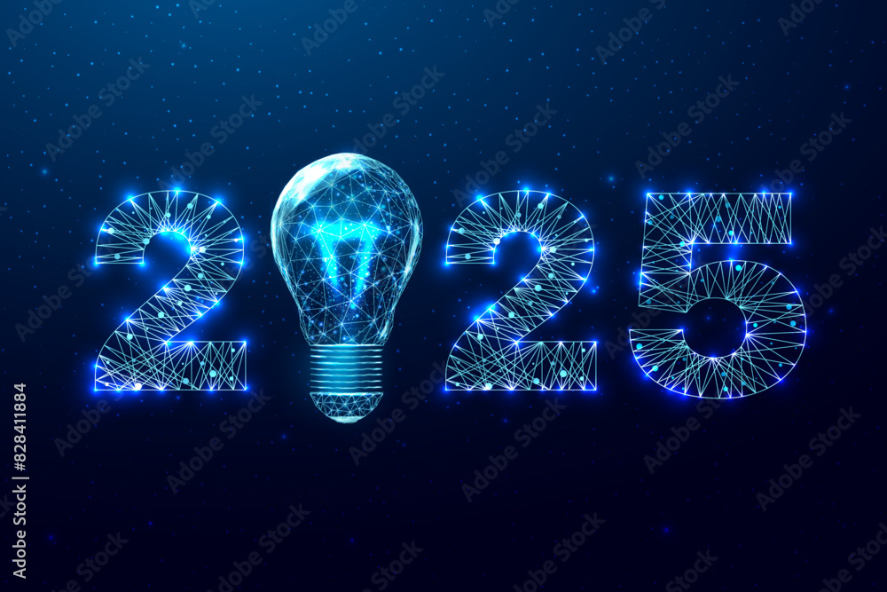 Poster happy new year 2025 greeting card. low poly style design. numbers and lightbulb from a polygonal wir