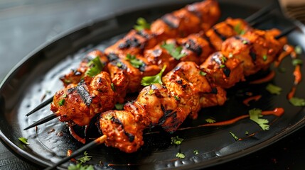 tandoori chicken skewers on a black plate, food photography