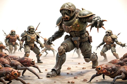 A lone survivor defending against a swarm of mutant creatures in a post-apocalyptic wasteland, isolated on white background.

