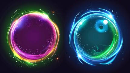 A mystical crystal orb with glowing energy, a fantasy sphere imbued with fire power, and a collection of 3D witchcraft bubbles in shades of green, purple, and blue.