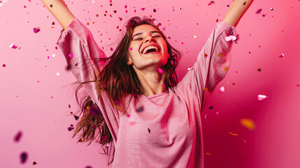 Joyful woman celebrates with confetti. Excited young woman throws her arms up in celebration as colorful confetti falls around her against a vibrant pink background. - Powered by Adobe