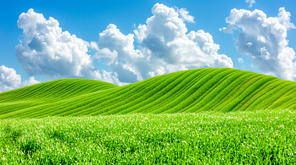 Rolling green hills under blue sky with clouds