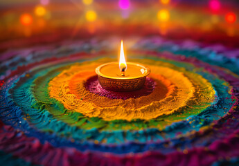 illustation of Diwali festival of lights tradition Diya oil lamps against dark background
A traditional Indian art of decorating the entrance to a house. Diwali festival holiday design. 
