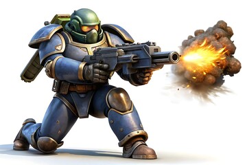 Fototapeta premium A determined cyborg warrior firing with his big gun , isolated on white background 