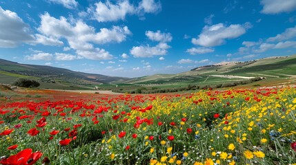 Naklejka premium Vibrant tapestry of crimson poppies and golden sunflowers. South edge of the Holy Land. Ideal conditions for an outdoor feast. Tranquil early spring day.