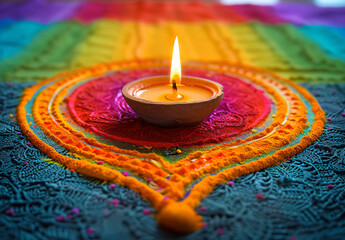 illustation of Diwali festival of lights tradition Diya oil lamps against dark background
A traditional Indian art of decorating the entrance to a house. Diwali festival holiday design. 
