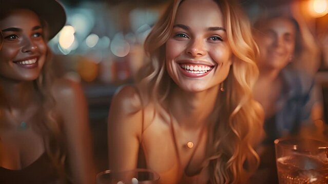 a group of smiling and laughing girls drinking cocktails and playing a boardgame in an industrial bar,generative ai