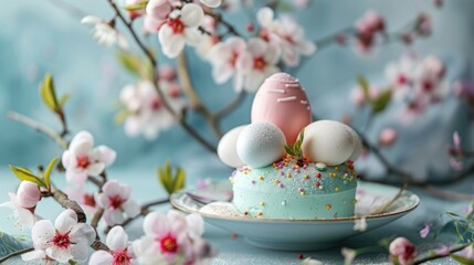 Fototapeta premium Springtime dessert and decorated eggs on flowering twig