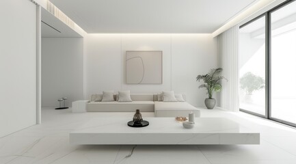 Minimalist living room with white walls, a low-profile white coffee table, and a simple, clean aesthetic