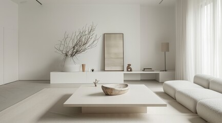 Minimalist living room with white walls, a low-profile white coffee table, and a simple, clean aesthetic