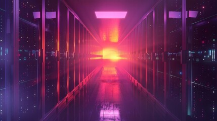 Fototapeta premium The dawn of the digital age is depicted with servers bathing in the glow 