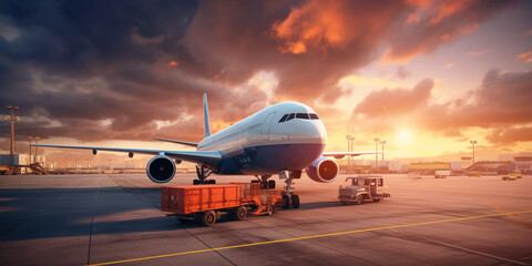 Air Freighter Logistics Import Export International Transport, Loading And Unloading Of Cargo Containers In Airport. Business Logistics Commercial Flight, Generative Ai. 