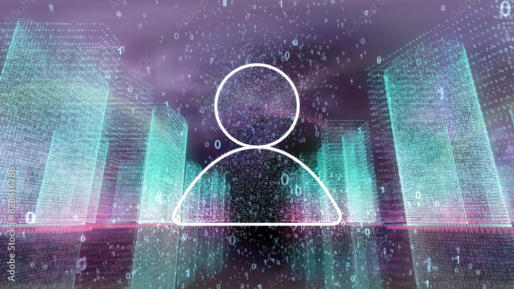 Aufkleber cyberspace digital city network with binary numbers and person icon background illustration.